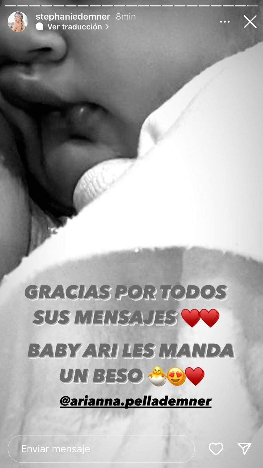 Nació Arianna, la hija de Stephanie Demner y Guido Pella.