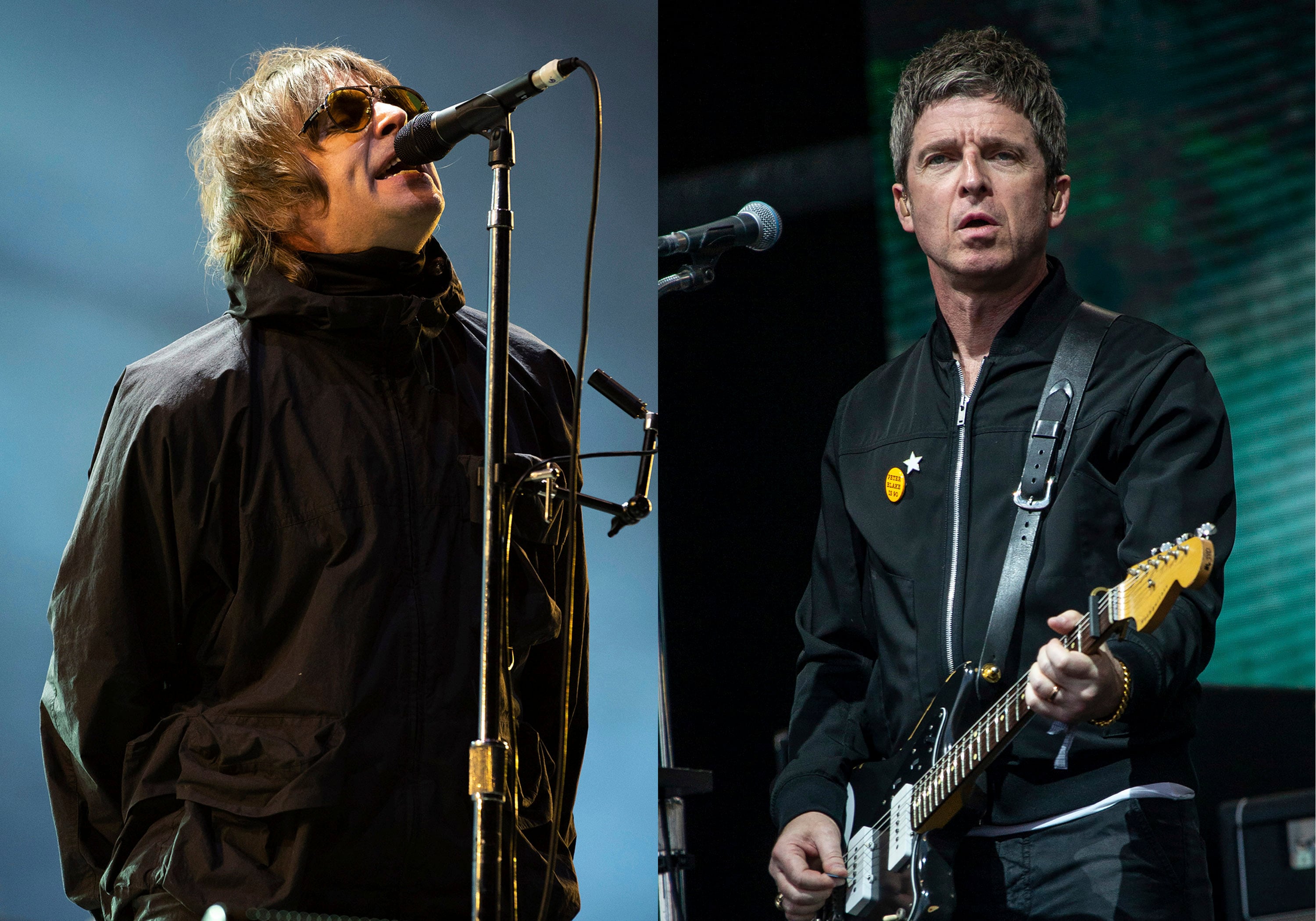 Liam Gallagher (izquierda) actúa en el festival Reading Music Festival, en Inglaterra, el 29 de agosto de 2021, y Noel Gallagher (derecha) durante un concierto en el Festival Glastonbury en Worthy Farm, Somerset, Inglaterra, el 25 de junio de 2022. (AP Foto)