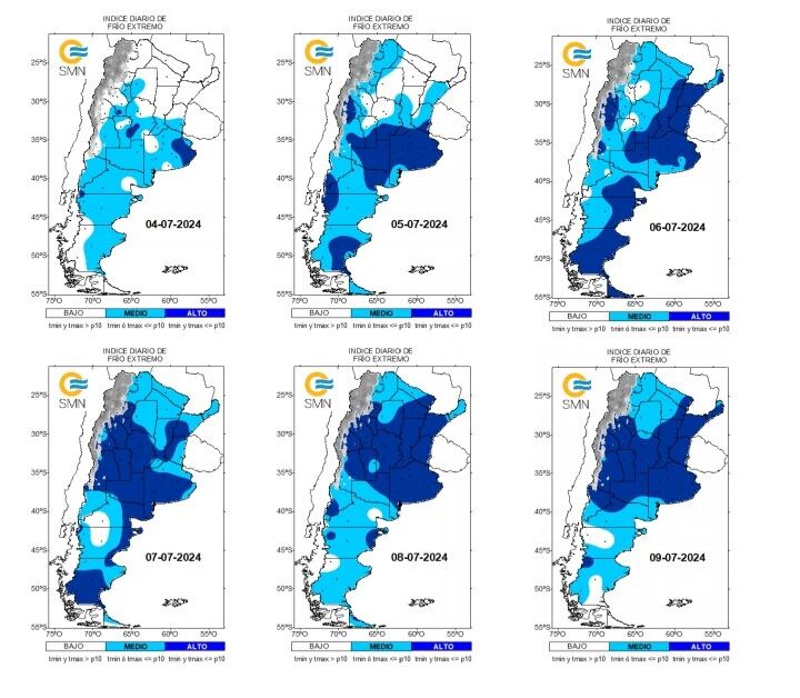 Evolución diaria del frío extremo en el país durante la ola de frío de julio 2024. El color azul indica que se cumplen las condiciones de ola de frío en un día en particular (Tmax y Tmin inferiores a los umbrales de ola de frío); el celeste indica que se cumple el criterio de frío extremo para algunas de las temperaturas (Tmax o Tmin inferior al umbral de ola de frío); en blanco no se cumple ninguno de los criterios anteriores.