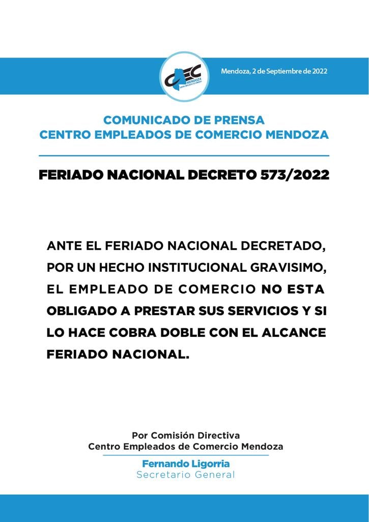 CEC: ante el feriado decretado, los trabajadores mercantiles no están obligados a ir a trabajar