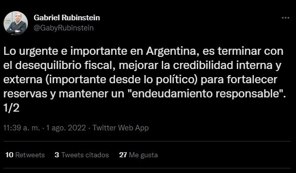 Gabriel Rubinstein destacó las medias que debe tomar Sergio Massa al frente de Economía, días atrás.