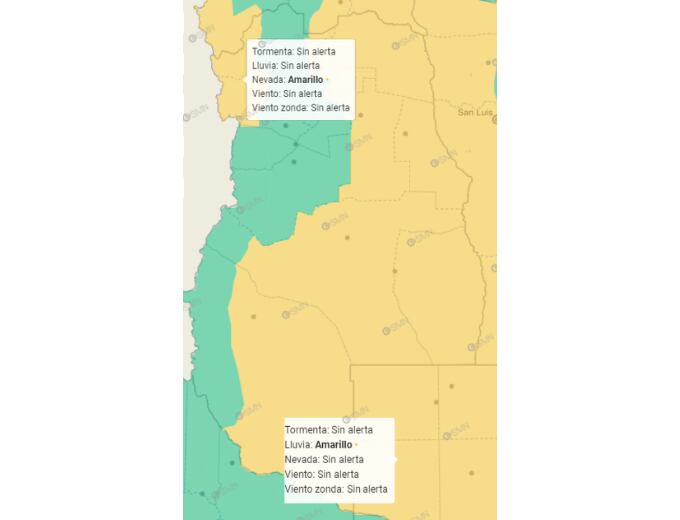 Alerta amarilla por nevadas y lluvias en Mendoza, para este sábado 13 de abril. Foto: Servicio Meteorológico Nacional