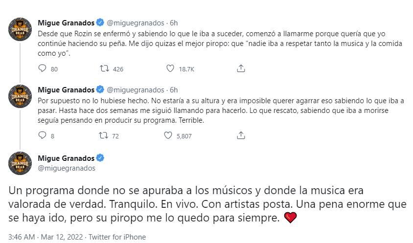 Migue Granados dijo que Gerardo Rozín le pidió que conduzca "La Peña de Morfi". Luego borró los mensajes y se quejó de los comentarios.