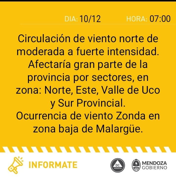 Alerta amarilla por vientos en Mendoza.