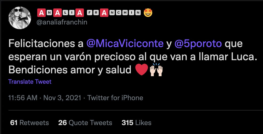 El tuit de Analía Franchín por el embarazo de Mica Viciconte