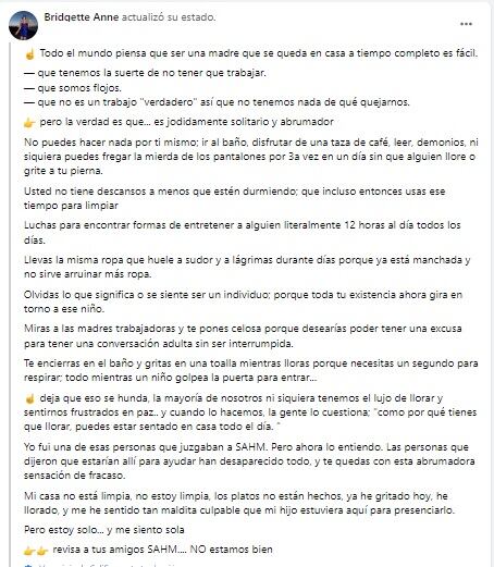 Una madre se quejó en Facebook de serlo tiempo completo y se desató una polémica.