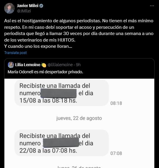 Javier Milei respondió el tweet de Lilia Lemoine apuntando contra los periodistas.