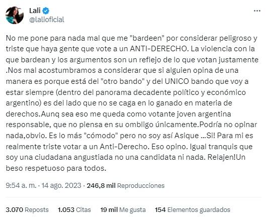 Lali respondió a las críticas con otro posteo en X (Captura de pantalla)