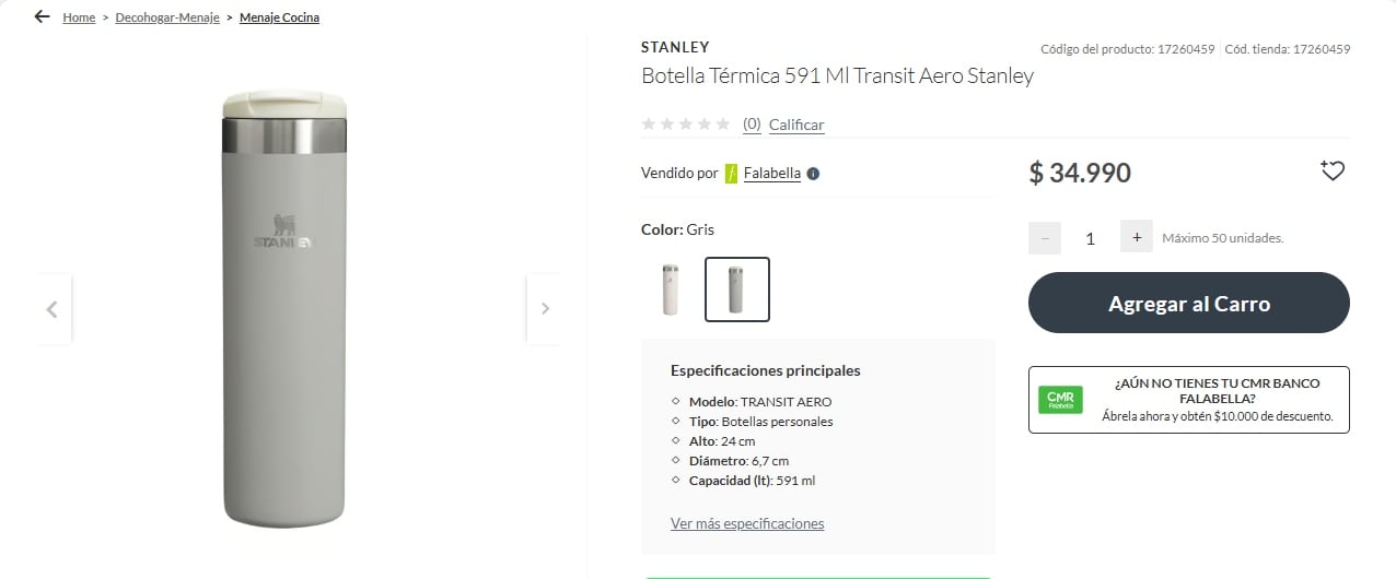 Un ejemplo es un botella térmica Stanley color verde, disponible en Falabella por $34.990 chilenos.