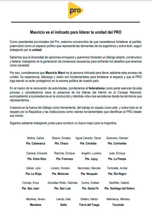 La carta firmada por los presidentes del Pro de cada provincia.