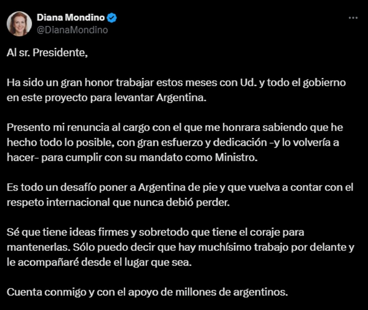 Diana Mondino rompió el silencio tras su salida del Gobierno y reafirmó su apoyo a Milei. (Foto: "X" antes Twitter).