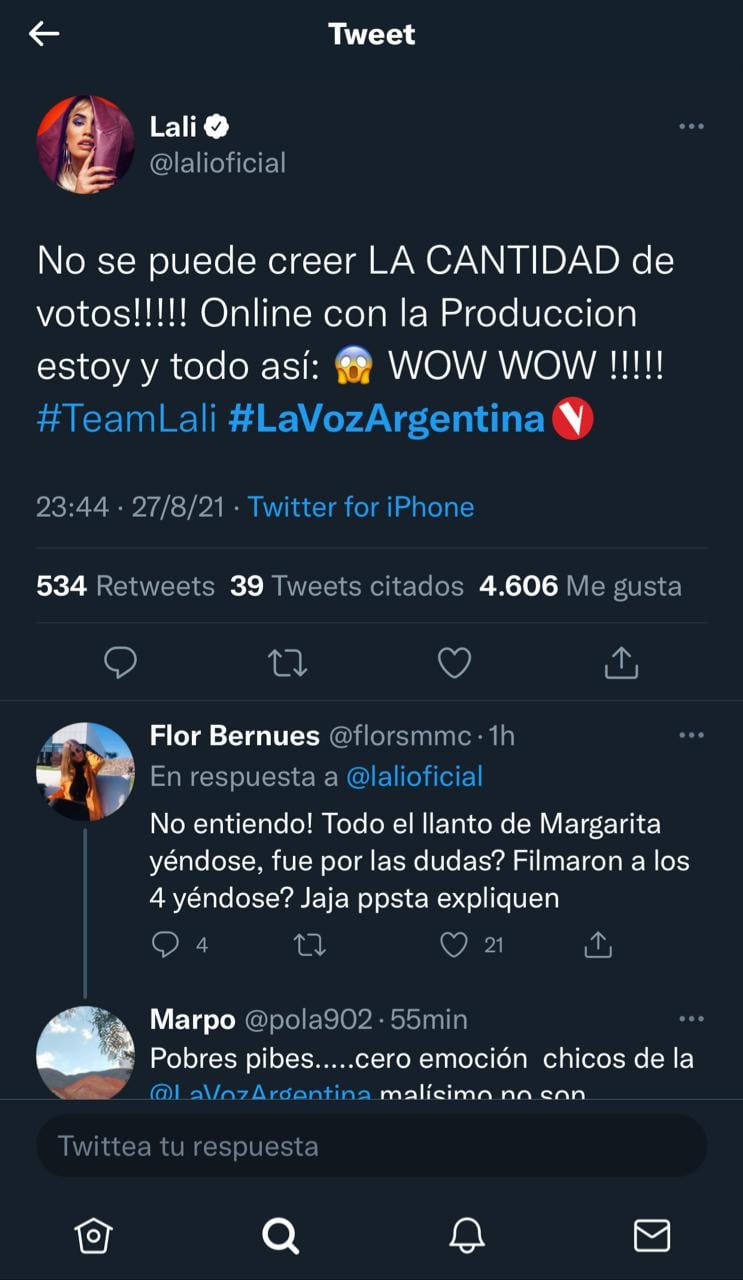 El posteo de Lali por los cuartos de final de La Voz Argentina.