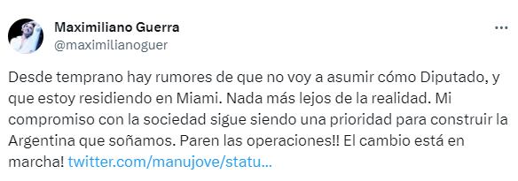 Maximiliano Guerra renunció a su banca de diputado antes de asumir  - X