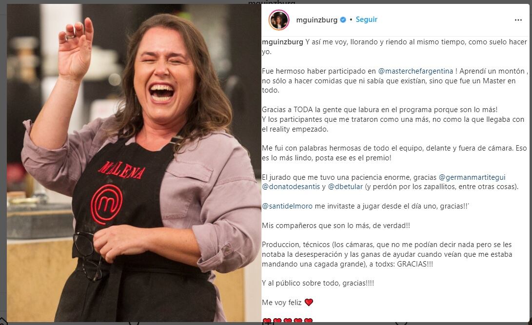 Malena Guinzburg es la nueva eliminada de Masterchef.