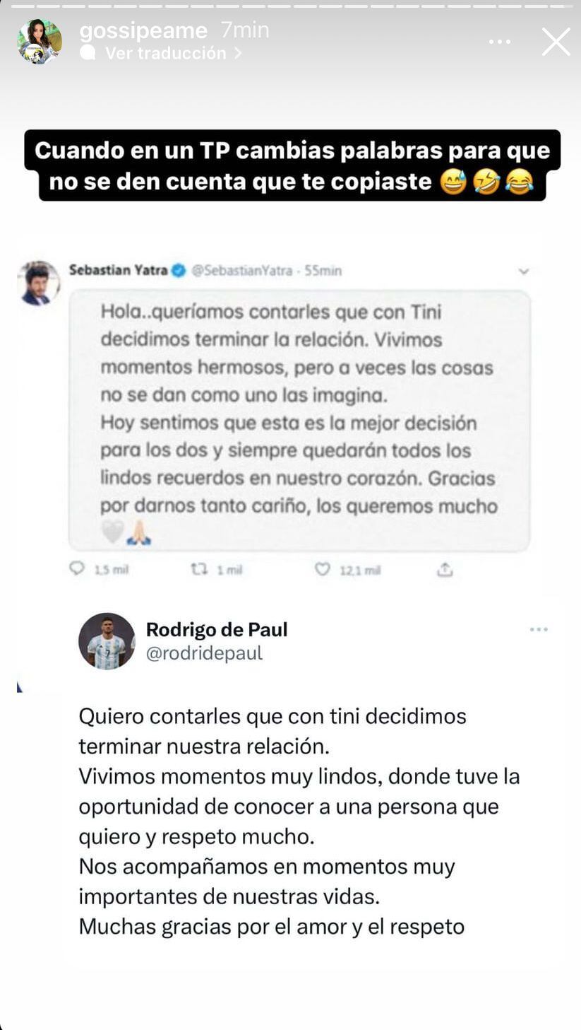 El sospechoso parecido entre los mensajes de ruptura de Tini con De Paul y con Yatra. Captura de pantalla.