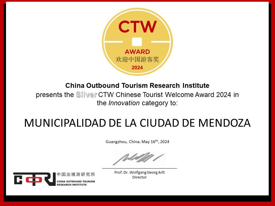 La Ciudad de Mendoza reconocida por su innovación en el turismo chino.