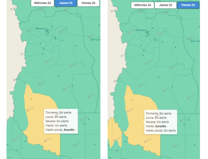 Alerta amarilla para Mendoza del Servicio Meteorológico Nacional para este jueves 25 y viernes 26 de abril.