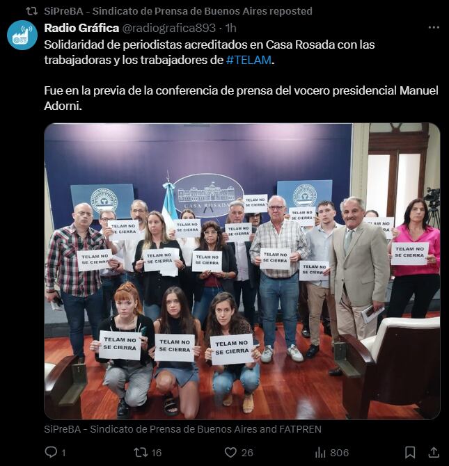 Solidaridad de periodistas acreditados en Casa Rosada con los trabajadores de Télam. Captura: X / @radiografica893