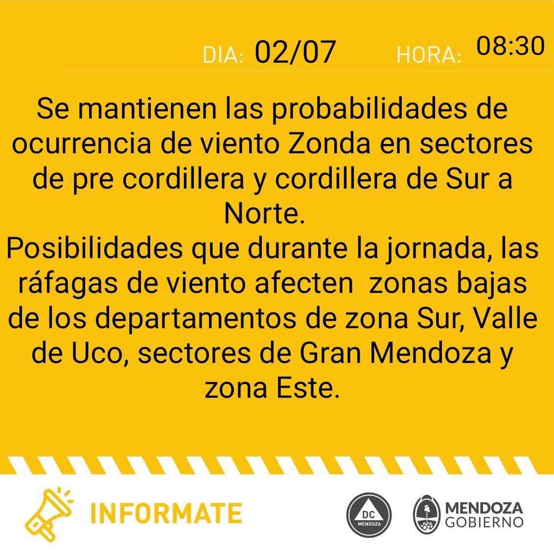 Defensa Civil anunció la probabilidad de viento Zonda para el Sur provincial y Valle de Uco y otros puntos de la provincia.