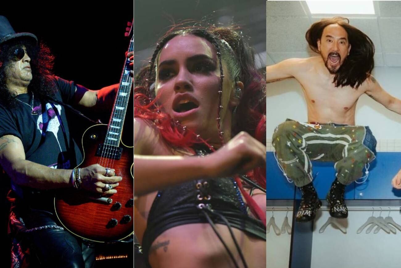 Slash, Lali y Steve Aoki, las sorpresas de Cosquín Rock 2024. (AP, Facundo Luque e Instagram @bizarrap)