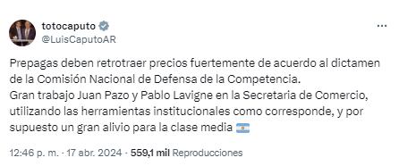 El Gobierno dispuso que las prepagas ajusten las cuotas por inflación con base en diciembre de 2023 - X Luis Caputo