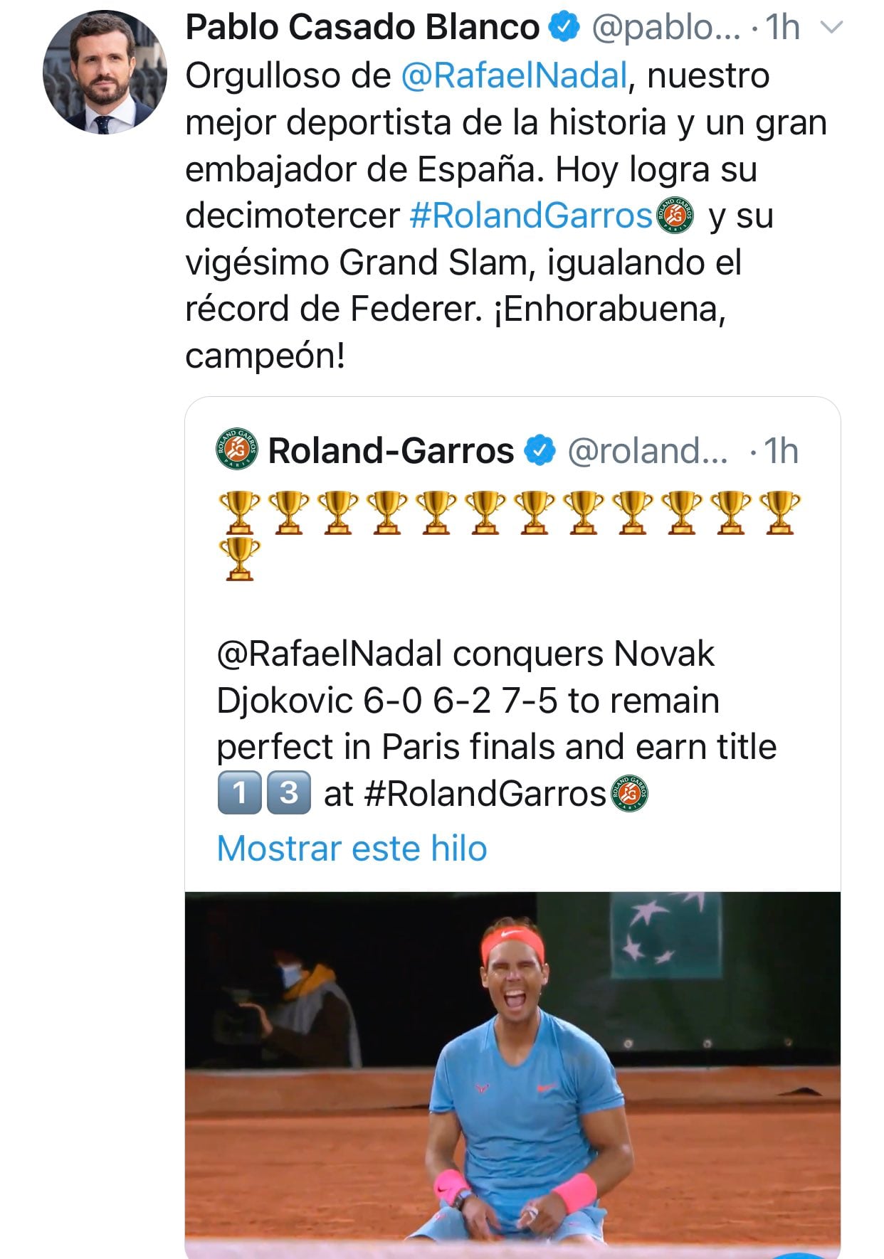 Políticos de España felicitan a Nadal, ganador de Roland Garros.