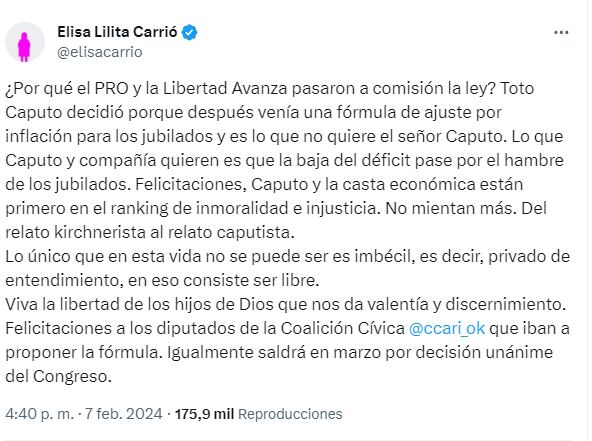 Elisa Carrió apuntó contra Luis Caputo - X