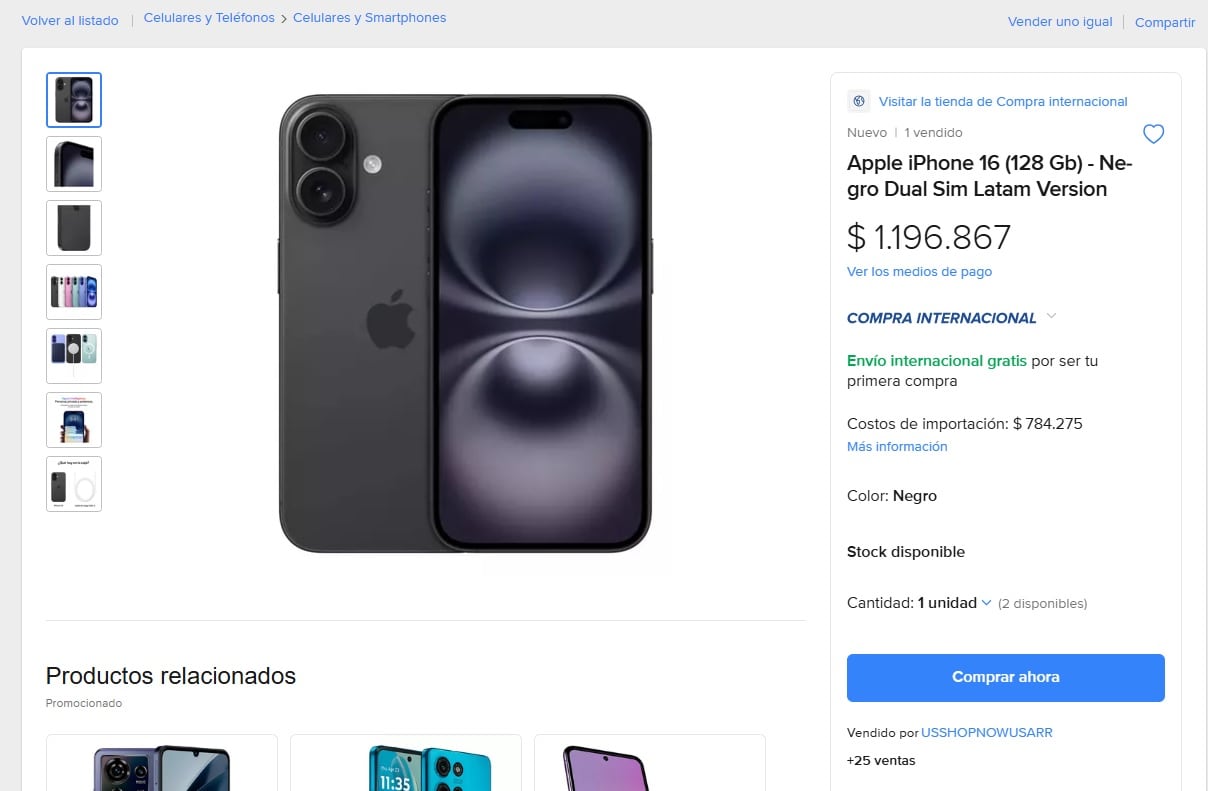 Precio de iPhone 16 en Mercado Libre en "Compra Internacional"