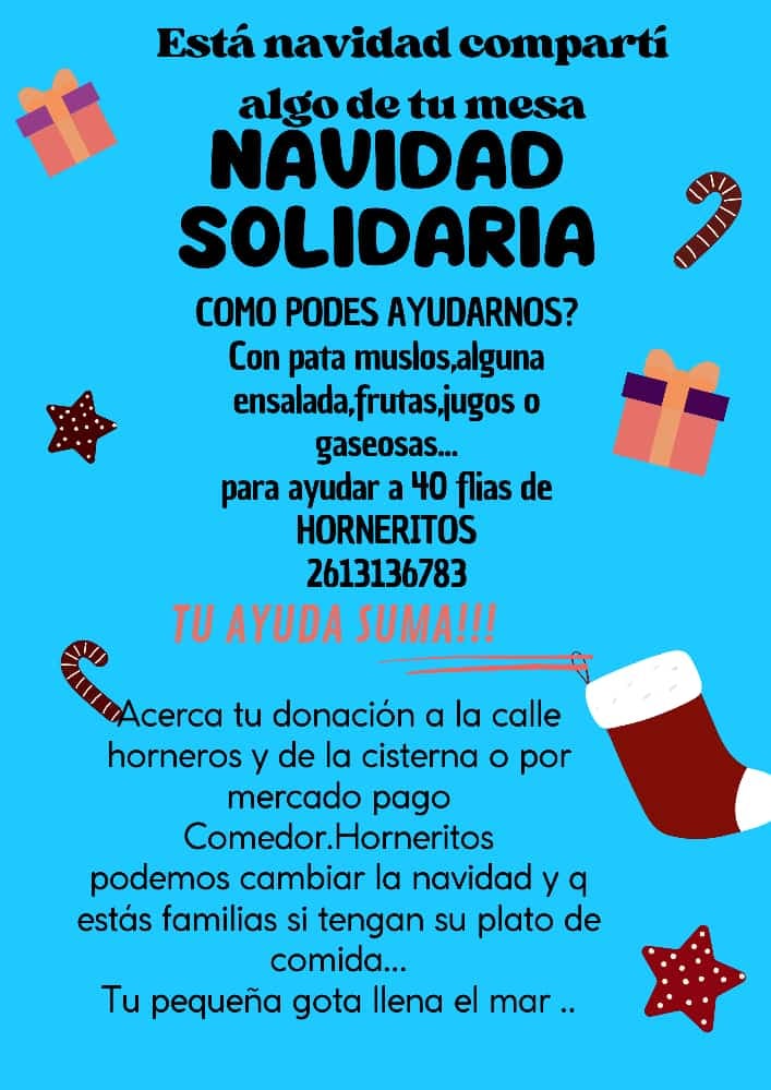 Un comedor de Las Heras junta comida para que 40 familias puedan tener su cena de Nochebuena en casa. Foto: Gentileza Comedor Horneritos