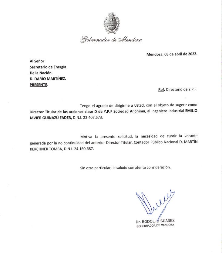 Suarez envió la nota el 5 de abril a Nación con el pedido de designación de Emilio Guiñazú Fader frente al directorio de YPF S.A.