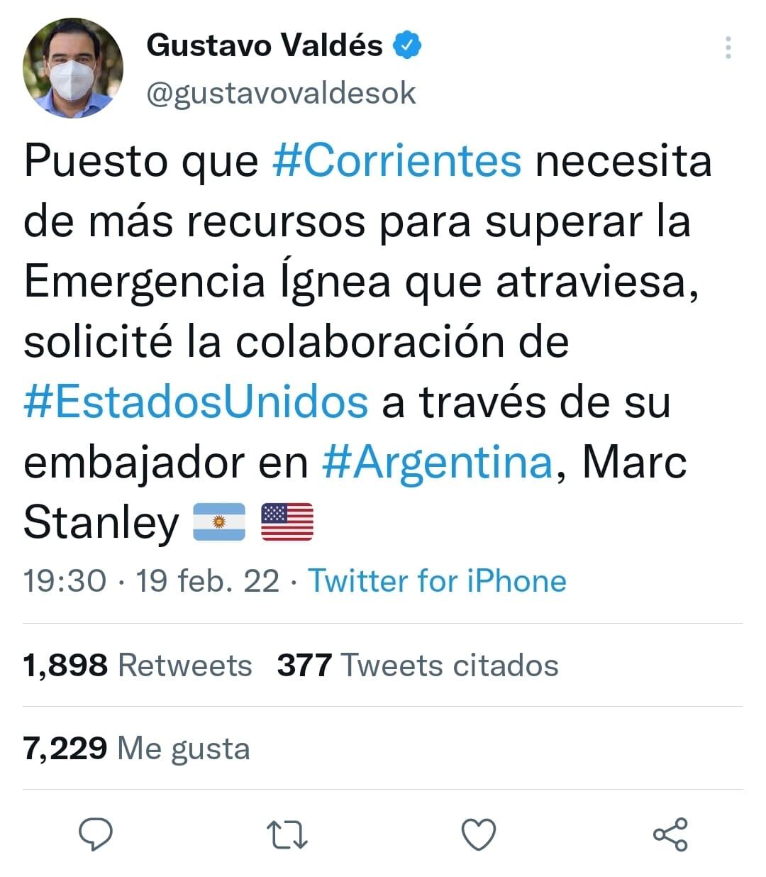 Gustavo Valdés le pidió ayuda a Estados Unidos para combatir el fuego.