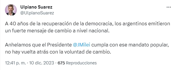 Ulpiano Suárez, intendente de la Ciudad de Mendoza espera que Milei cumpla con el mandato popular a la hora de encarar los cambios.