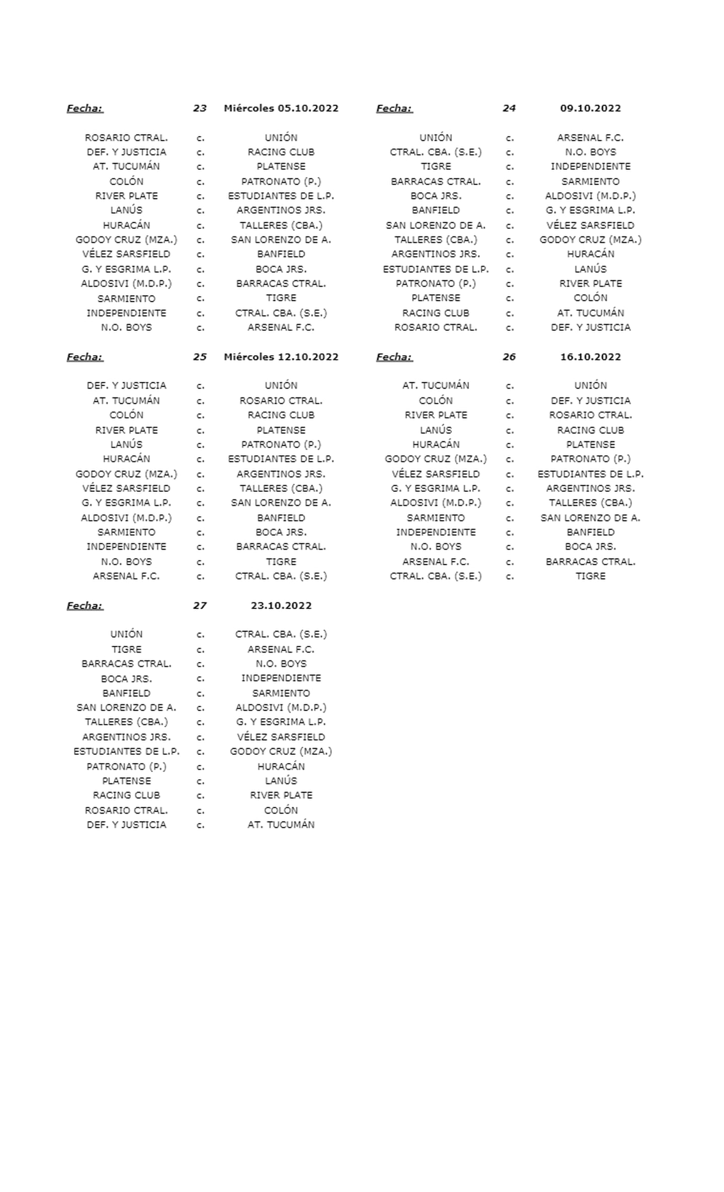 FIXTURE LIGA PROFESIONAL 2022. / Gentileza.