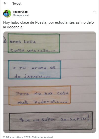 Un profesor compartió el poema de un alumno en clase por su ingenio que lo dejó maravillado.