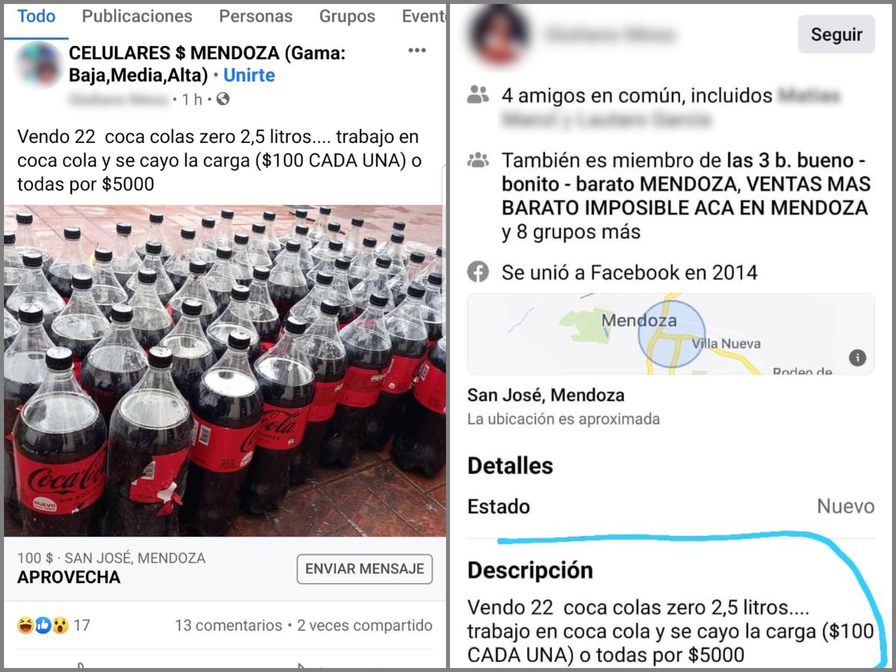 Un hombre aprovechó el vuelco de un camión repartidor y vende en Facebook las botella de Coca Cola que llevaba el transporte accidentado.