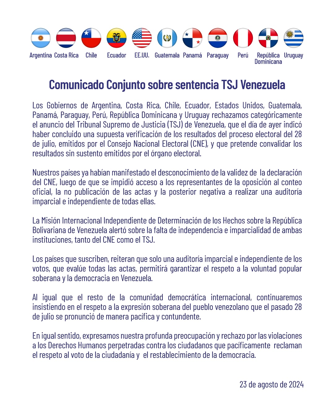 Comunicado Conjunto sobre sentencia del Tribunal Supremo de Justicia de Venezuela  / Cancillería Argentina