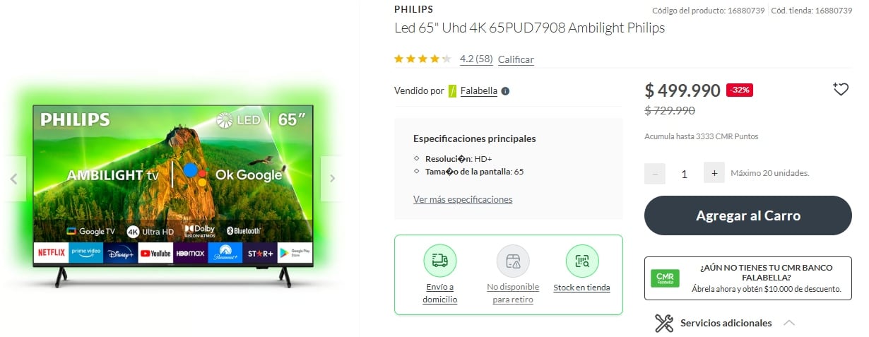 La diferencia de precios puede ser considerable en algunos casos. Por ejemplo, un televisor Philips Led 65″ Uhd 4K con Ambilight se encuentra a $499.990 chilenos.