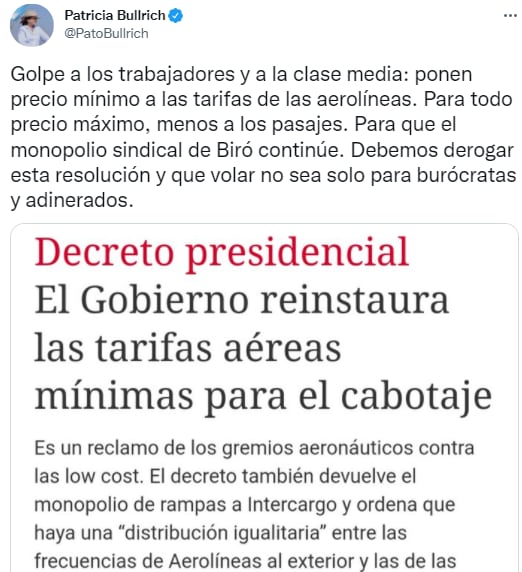 El mensaje de la dirigente política en sus redes sociales.