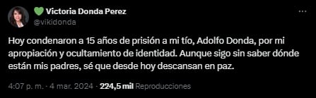 El tuit de Victoria Donda tras el veredicto. Foto: captura.