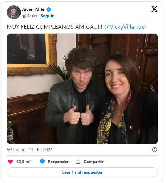 El saludo de Javier Milei a Victoria Villarruel. Captura: X / @JMilei