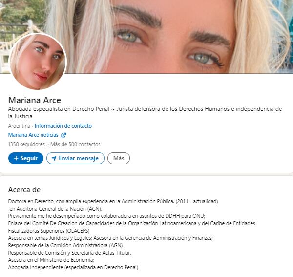 El perfil de LinkedIn de Mariana Arce. Foto: Captura.