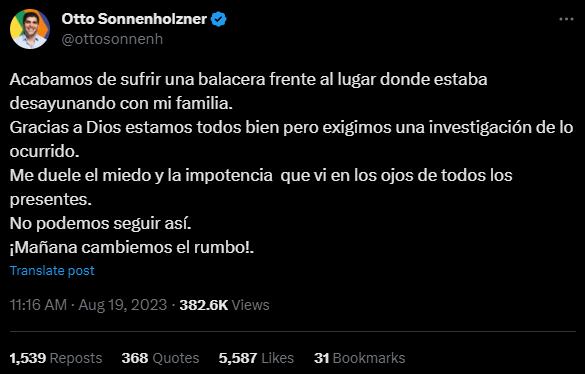 El comunicado de Otto Sonnenholzner, tras la balacera. Foto: Twitter / @ottosonnenh