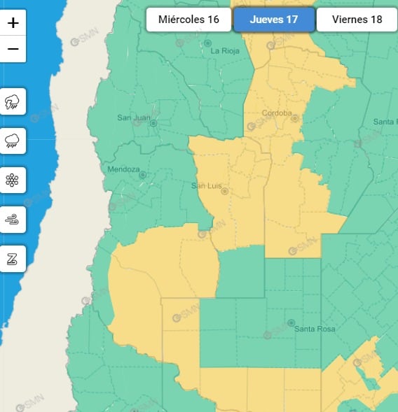 Mapa de las zonas que podrían verse afectadas por tormentas en la jornada del jueves. Foto: SMN