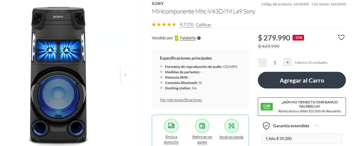 La tienda de Falabella ofrece un equipo de música Sony V43D a un precio promocional de $279.990 chilenos.