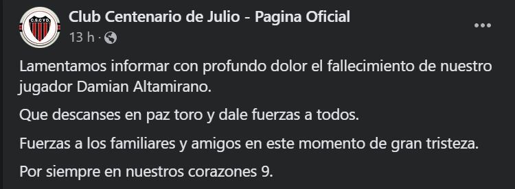 Posteo del equipo de Damián Altamirano. Foto: Facebook / Club Centenario de Julio