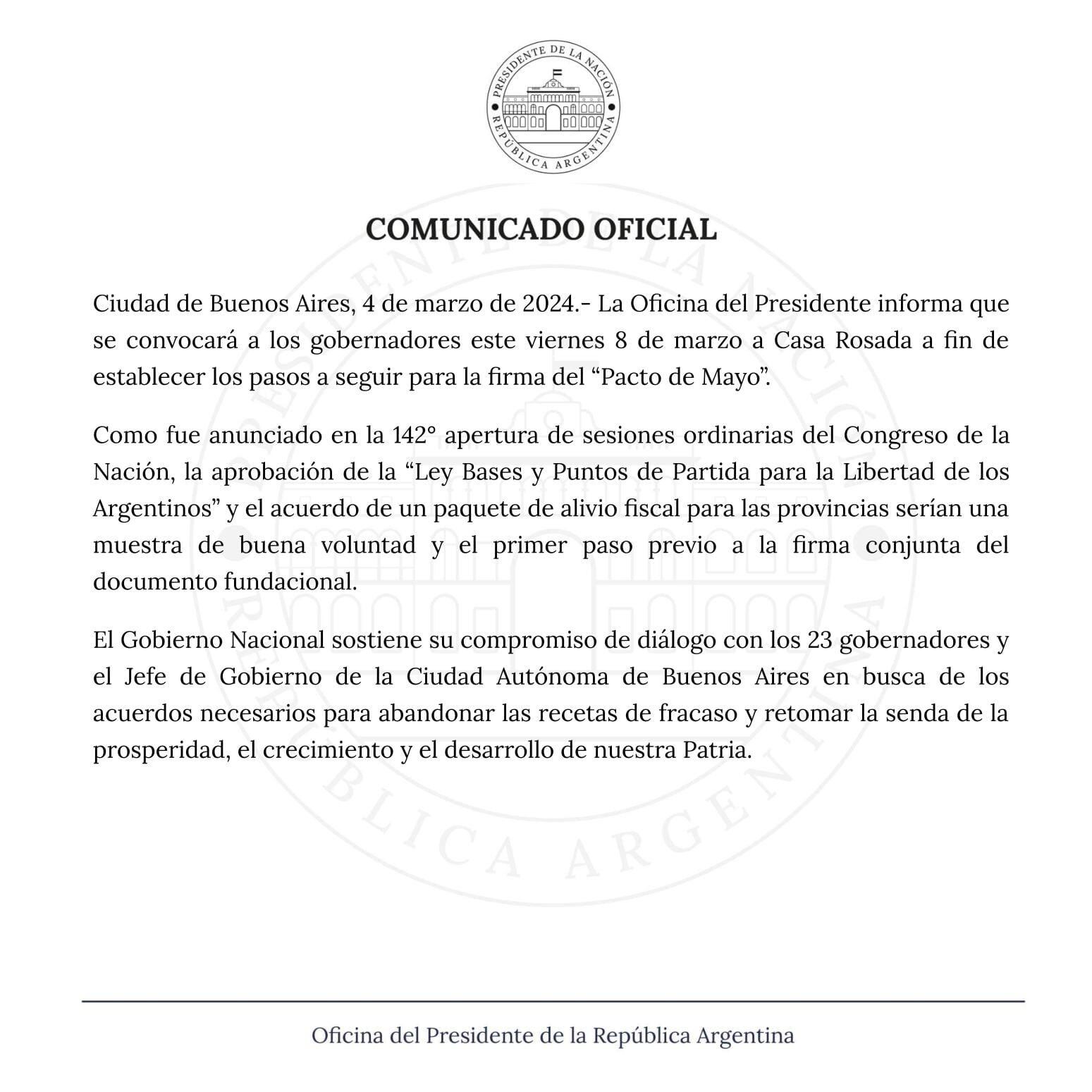 Comunicado oficial del Gobierno. (Foto: Oficina del Presidente)