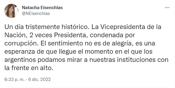 La senadora Natacha Eisenchlas se mostró esperanzada luego del fallo que condenó a Cristina Fernández.