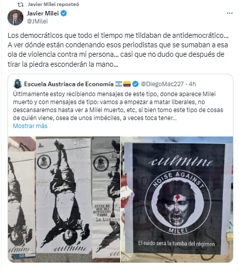 El tuit de Javier Milei sobre las amenazas que recibió.