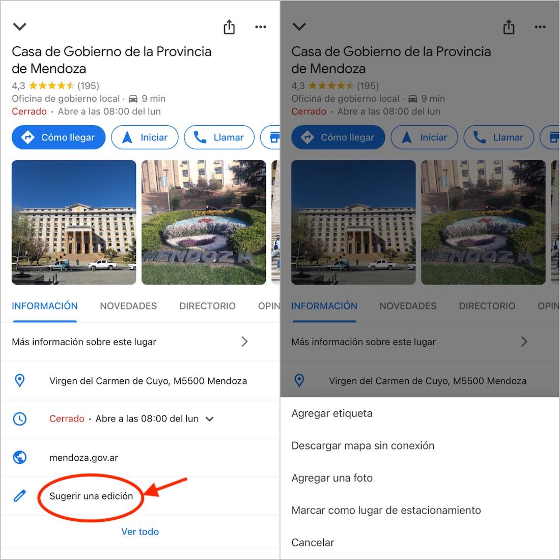 La app de Google Maps permite añadir lugares, editar información y sugerir cambios.