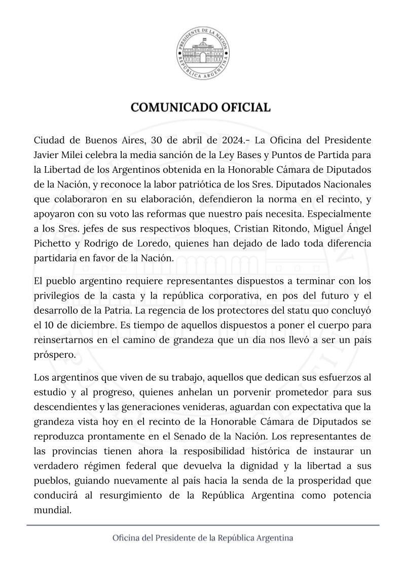 El presidente Javier Milei celebró este martes la aprobación de la Ley Bases - X